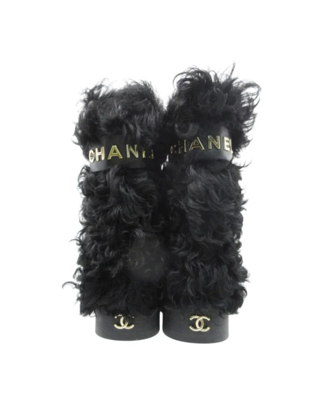 Chanel Boots Shearling Sheepskin CC Logo Shoes Black 37c